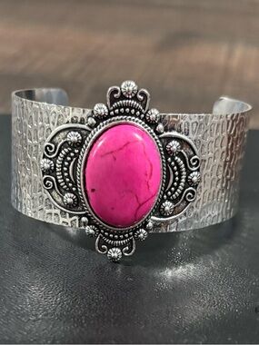 Silver Cuff Bracelet with Pink Cabochon Stone Accent